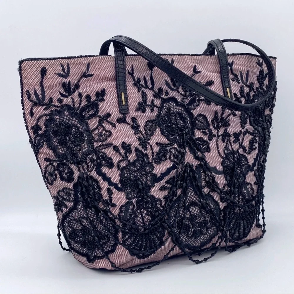 Authentic vintage Valentino Garavani Beaded Black Lace Overlay Tote - Picture 11 of 13